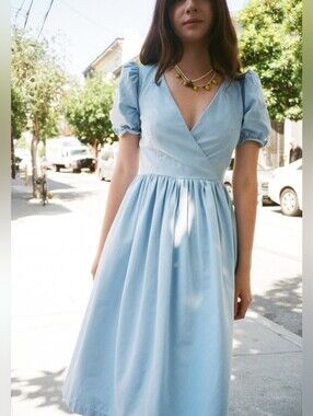 Lisa Says Gah Topanga Midi Dress Small Blue Cloud Corduroy Puff Sleeve V-Neck